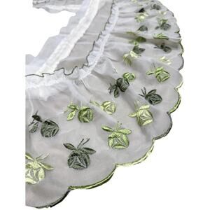 Vtg Embroidery Floral Sheer Curtain/linen Granny 69”X11”.Cottage Core Green Rose